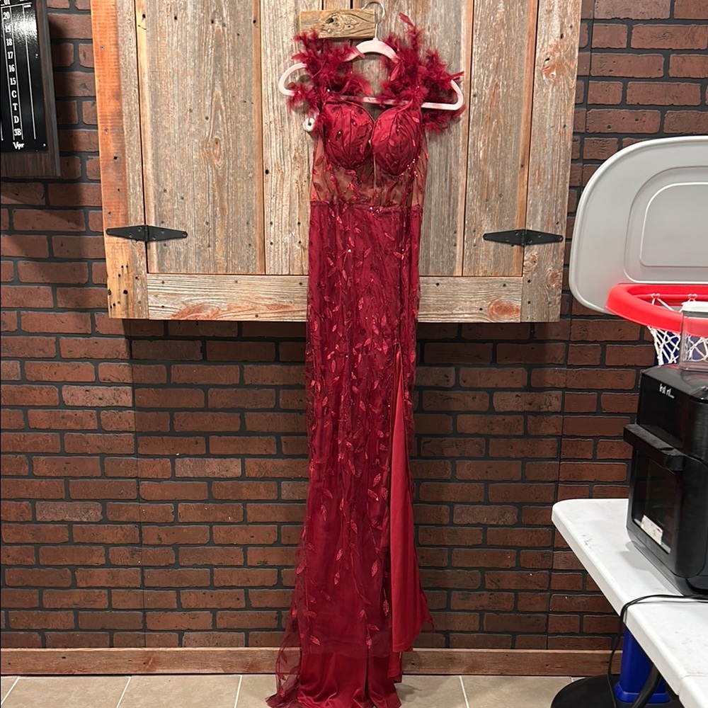 Elegant Red Feathered Gown